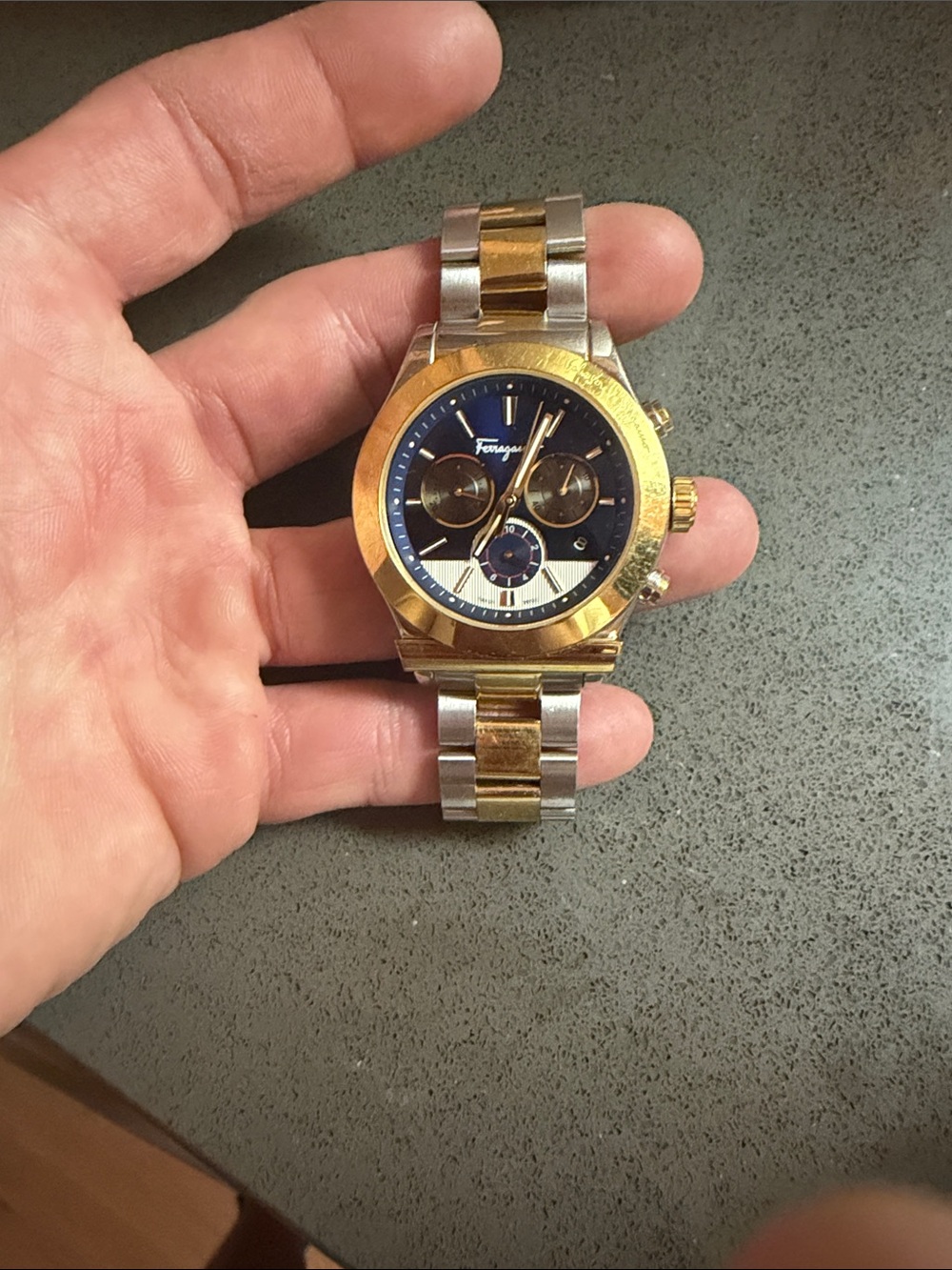 Salvatore Ferragamo Two-Tone Gold & Silver Chronograph Watch with Blue Dial